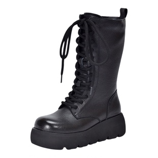 真皮2025秋冬新款英伦风马丁靴女加厚羊毛垫侧拉链厚底系带中筒靴