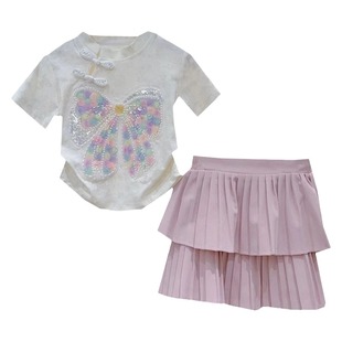 女童夏装套装2025新款儿童新中式蝴蝶结T恤百褶裙女孩夏季两件套