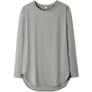 春秋莫代尔棉长袖打底衫女弧形下摆两侧开叉圆领宽松休闲t恤上衣