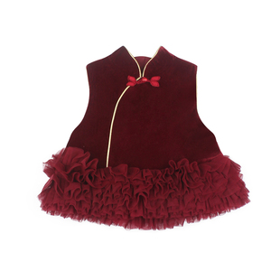 大耳象女童丝绒拼接网纱上衣冬新宝儿新中式拜年服无袖马甲