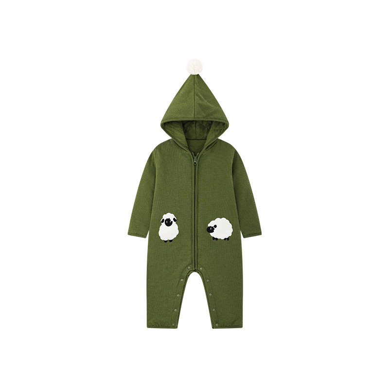 Milkbarn2026秋冬新品婴儿连帽连体服加厚宝宝华夫格夹棉哈衣爬服