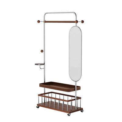 中古风衣帽架多功能一体带镜子可移动全身镜挂衣架收纳筐卧室家用