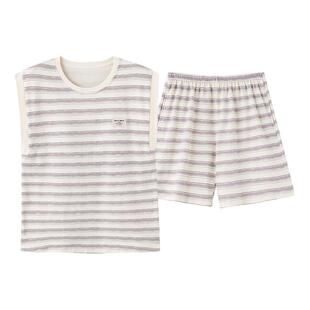 浪莎带胸垫睡衣女夏季纯棉坎袖背心短裤可外穿条纹无袖家居服套装