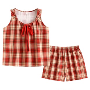 悦内带胸垫睡衣女款夏季夏天纯棉无袖背心短裤家居服红色时尚格子