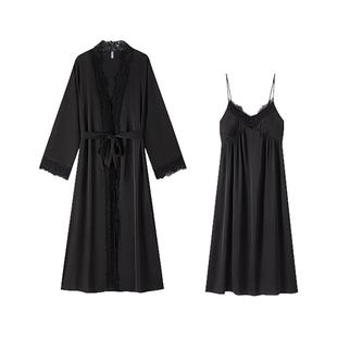 冰丝绸大码睡裙性感女夏蕾丝睡衣黑色睡袍春秋带胸垫纯欲风吊带冬