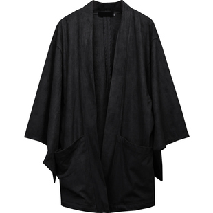 暗黑系鹿皮绒中长款道袍开衫男春秋山本耀司日系宽松夹克武士外套