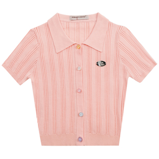 ziziFei夏季设计感美式复古polo领上衣镂空短款针织短袖开衫T恤女