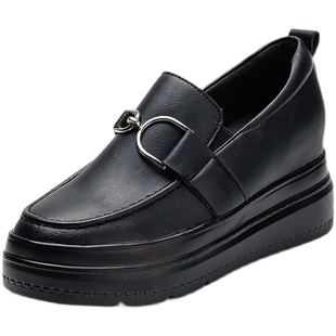 真皮黑色小皮鞋女内增高8cm厚底松糕一脚蹬乐福鞋小码31 32 33 34