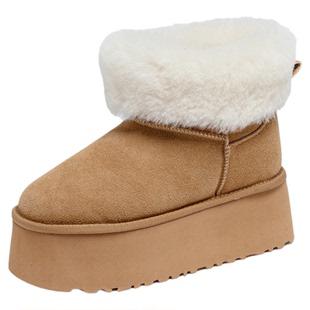 真皮厚底桑坡雪地靴女10CM内增高毛毛短靴冬天加绒加厚东北棉鞋子
