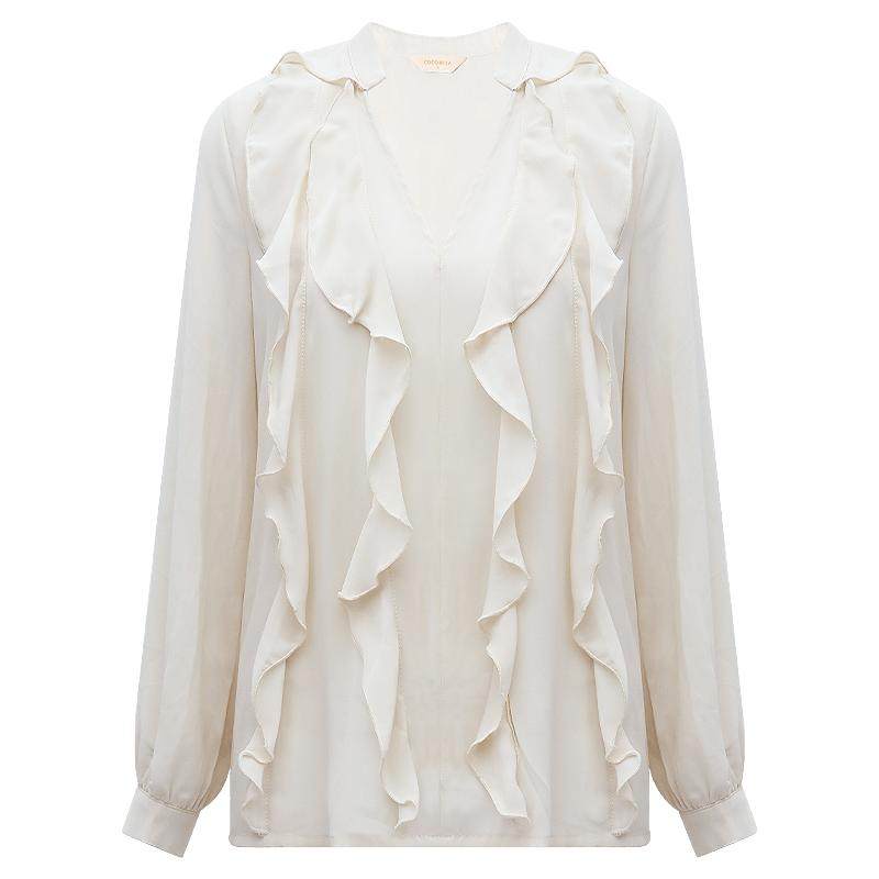 COCOBELLA精致立裁荷叶领衬衫女早秋通勤垂坠气质V领上衣SR3039-2