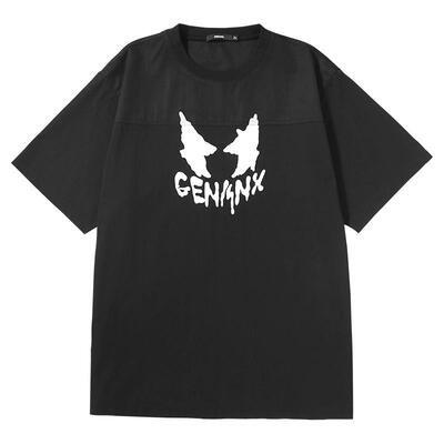 GENANX闪电潮牌夏季新款异料拼接防水印花宽松落肩袖宽松情侣T恤