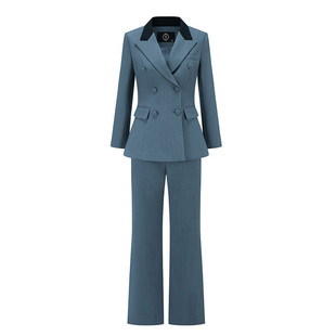 AD羊毛西装套装灰蓝色拼色外套高级感轻奢职场女早春职业装工作服