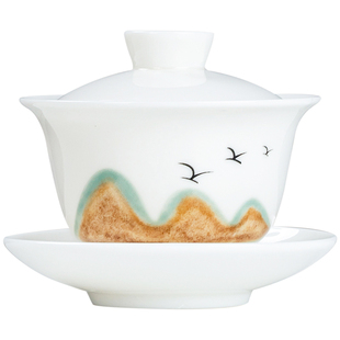 泥印陶瓷羊脂玉功夫泡茶三才盖碗茶杯单个高档茶具不烫手防烫茶碗