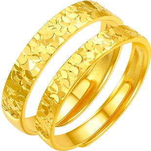 六桂福珠宝爆闪碎碎冰戒指纯银女黄金色足银999素圈尾戒情侣礼物