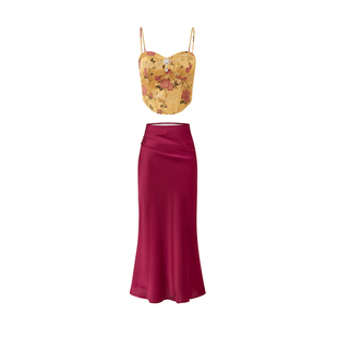 雅乔【锦鲤添福】夏季提花重工牡丹花吊带上衣+A字半身裙两件套装