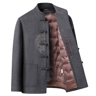 中老年人男士羽绒服爸爸唐装冬季羊毛呢子大衣活里活面棉服爷爷装
