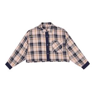 edo1一度童装25春秋新款女童时尚短款衬衫儿童纯棉学院风衬衣复古