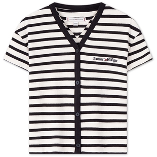 Tommy春夏童装女时尚洋气甜美休闲撞色条纹刺绣纽扣V领短袖上衣