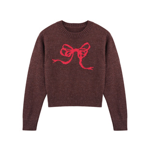 SourceWithU 平安夜偶遇 蝴蝶结可爱棕色毛针织衫撞色套头毛衣女