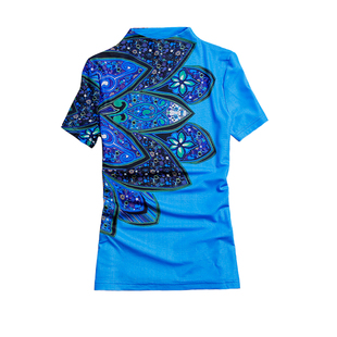 欧洲站2026夏季新款洋气网纱半高领打底衫短袖t恤印花蓝色上衣