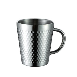 锤纹304不锈钢杯子带手柄双层防烫餐厅茶杯商用金色啤酒杯马克杯