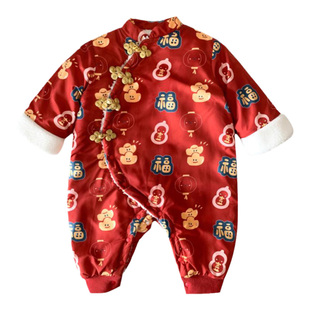 婴儿新年衣服男宝周岁服连体衣冬装红色喜庆宝宝爬爬服外出服棉服