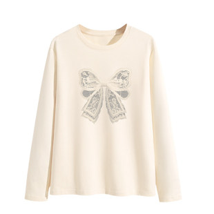 都市丽人长袖t恤女内搭可外穿春夏女士短袖奶白色上衣纯棉打底衫Y