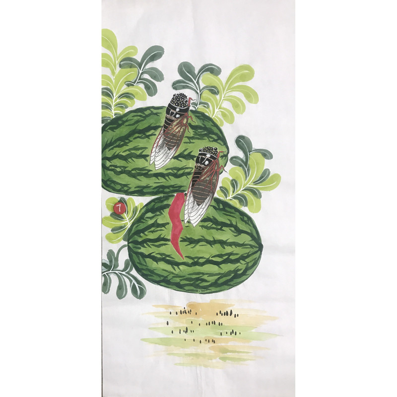 纯手绘创意潮流装饰国画昆虫三尺花鸟荷花蝉一鸣惊人西瓜定制货源