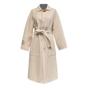 浒城古娘新款山羊绒刺绣气质长款新中式国风毛呢大衣外套女款秋冬