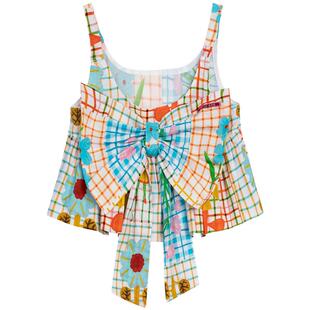 KEIKO 多巴胺穿搭吊带小背心早秋涂鸦格子印花露脐衬衫蝴蝶结上衣