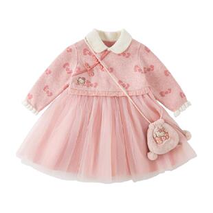 Hello Kitty联名戴维贝拉秋装女童连衣裙宝宝裙子新年公主裙