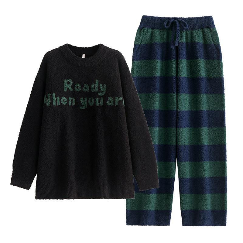 悦内情侣半边绒睡衣女冬季冬天加厚珊瑚绒毛绒家居服男士大码冬装