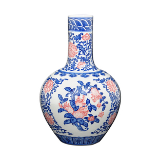 陶瓷花瓶青花瓷釉里红天球 景德镇客厅摆件 玄关装饰礼品仿古手绘