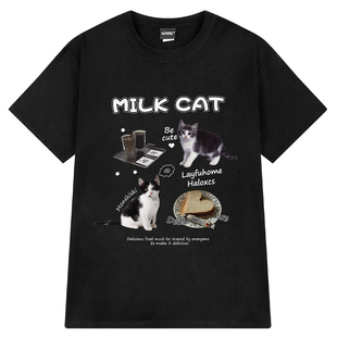 NELY小尼力猫咪印花纯棉短袖T恤男女百搭夏季ins学院风宽松上衣服