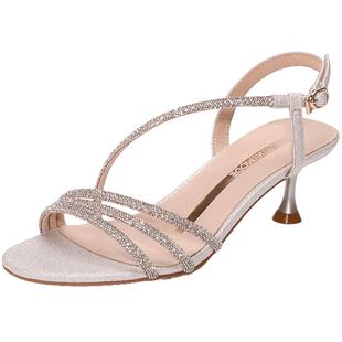 星期六水钻凉鞋女夏新款时尚百搭绝美仙女风一字带细跟高跟凉鞋女