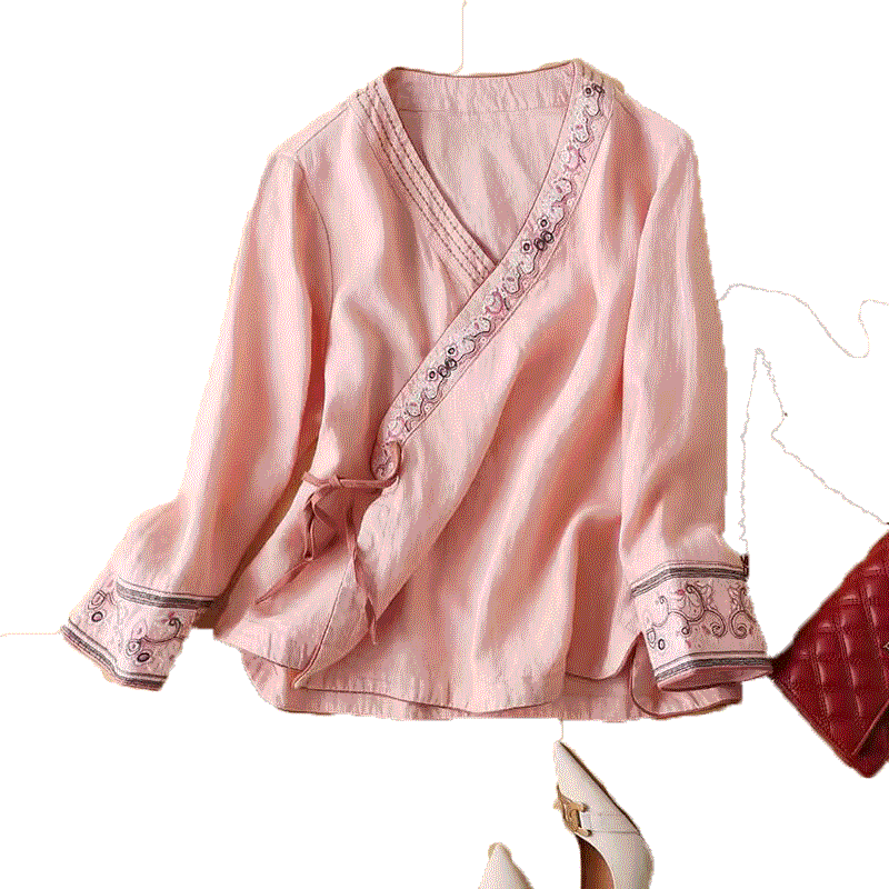 棉麻斜襟刺绣上衣宽松汉服茶禅服