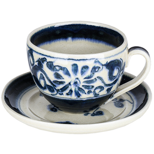 日本进口宗山窑陶瓷咖啡杯青叶釉下彩手绘复古个性带碟茶杯水杯