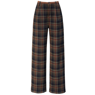 冬季复古格子休闲加绒直筒阔腿裤