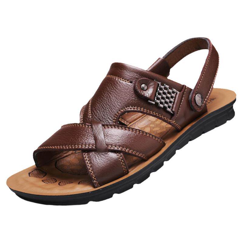 夏天穿的防水凉拖鞋中年男人大码头层牛皮凉鞋土防滑真皮沙滩鞋潮
