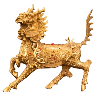 纯铜麒麟摆件一对黄铜火麒麟招财客厅办公室纯家用福禄麒麟大小号