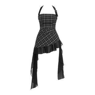 VOCK 浪漫攻势 设计感不规则荷叶挂脖抹胸露背格子上衣音乐节辣妹