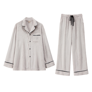 RoseTree珊瑚绒睡衣男款冬季黑色加厚保暖法兰绒家居服套装冬天