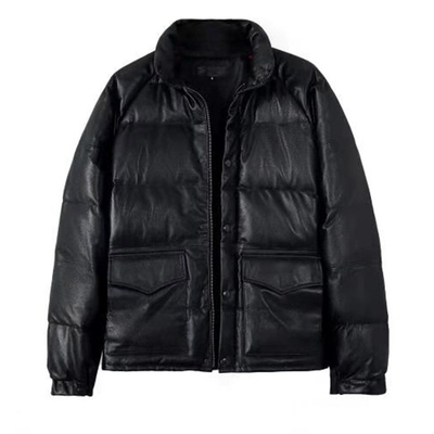 木村拓立领粒面小牛皮羽绒棉服