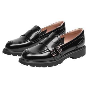 KISSCAT接吻猫罗马假日孟克鞋通勤真皮布洛克黑色小皮鞋乐福鞋