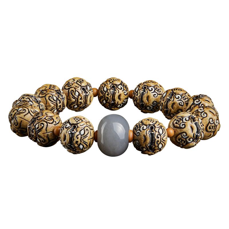 鹿角根付手串男士盘玩佛珠念珠貔貅手链烟紫和田玉算盘珠冷门把件