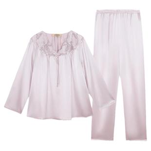 美标春夏秋季女士真丝长袖睡衣桑蚕丝国风丝绸家居服两件套装