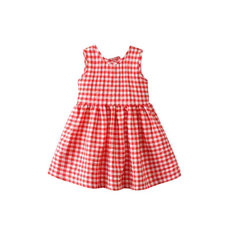 中小童裙子2021夏季新款韩版女童连衣裙美背蝴蝶结格子儿童背心裙