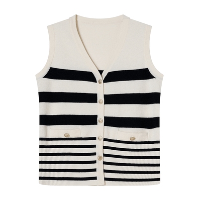 Goodland美地春季法式优雅Bridget Riley条纹背心羊毛马甲