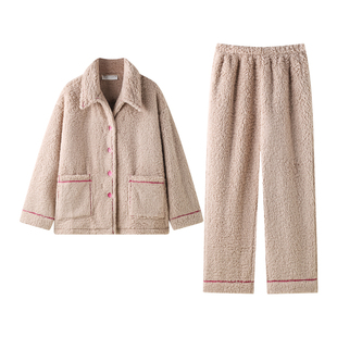 曼系“奶油可可”毛茸茸羊羔绒睡衣女秋冬季保暖简约珊瑚绒家居服