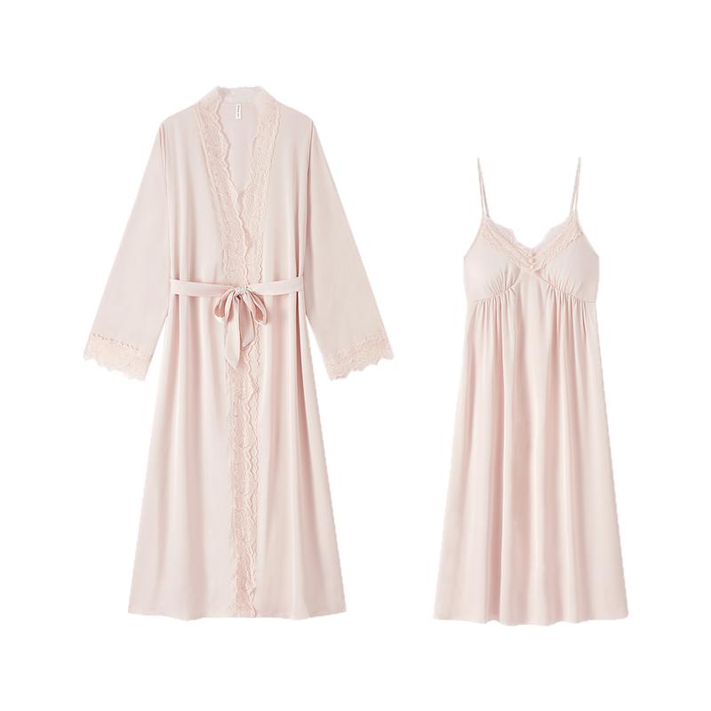 冰丝睡裙女带胸垫冬季吊带长款蕾丝性感睡衣秋纯欲风睡袍浴袍丝绸